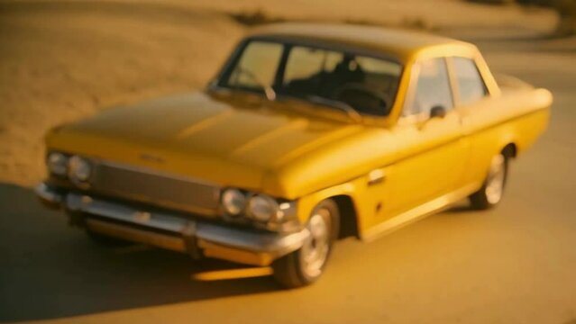 blurred yellow retro car on the road