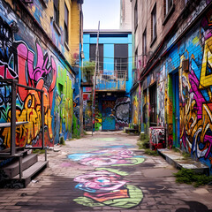 Vibrant graffiti art on an urban alleyway.