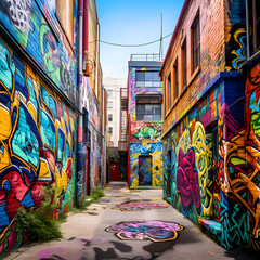 Fototapeta premium Vibrant graffiti art on an urban alleyway.