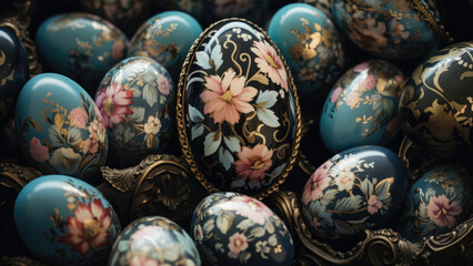 Photo of Easter eggs in a vessel with beautiful and unusual pattern lines.
