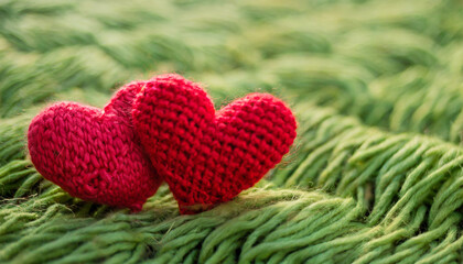 Two knitted red hearts on a knitted grass - Love concept