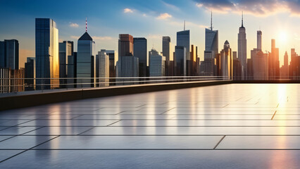 empty floor and city skyline background with perfect light