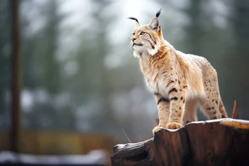 Fotobehang majestic lynx standing atop snow-laden pine © stickerside