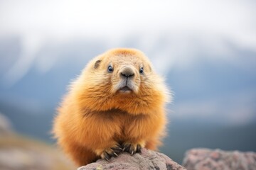 marmot with puffed cheeks during call - obrazy, fototapety, plakaty