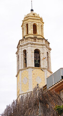 Parish church of Santa María and ornamental fountain in Cubellas, Tarragona, Catalunya, Spain, Europe
