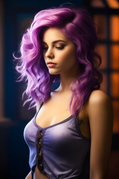 Woman with purple hair and grey tank top.