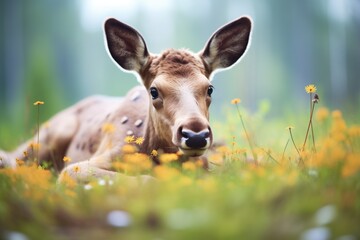 young moose lying in a flower meadow