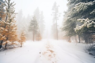 snowy path with pine trees fading into fog