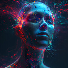 Abstract digital human face. Artificial intelligence concept of big data or cyber security - obrazy, fototapety, plakaty