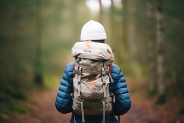 backpacker with a hidden face traveling through woods