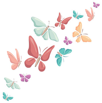 Butterflies of different sizes and different colors fly in the wind. Vector image for postcard, design, banner, website.