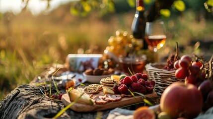 Close up picnic with a beautiful view of nature photo with snacks, wine, fruits, professional photo, sharp focus