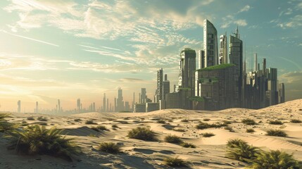 Green city of the future panorama isolated in arabian desert, professional realistic photo, high detailed - obrazy, fototapety, plakaty