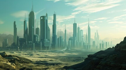 Green futuristic city skyline panorama isolated in arabian desert, professional photo, high detailed - obrazy, fototapety, plakaty