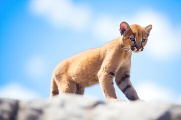 puma resting on boulder under blue sky