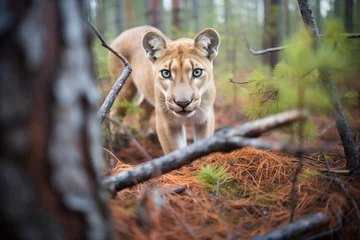 Foto op Canvas high angle view of puma in a pine forest © stickerside