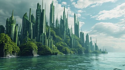 Green futuristic city skyline panorama isolated in the middle of the ocean, professional photo, high detailed