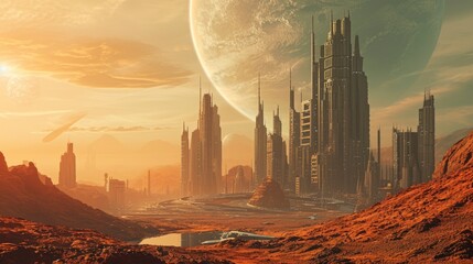 Green futuristic city skyline panorama isolated on the Mars planet, professional photo, high detailed