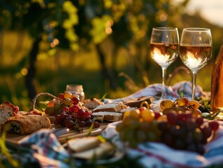 Naklejka premium Picnic close up photo in a beautiful romantic place, wine and appetizers, professional photo, sharp focus