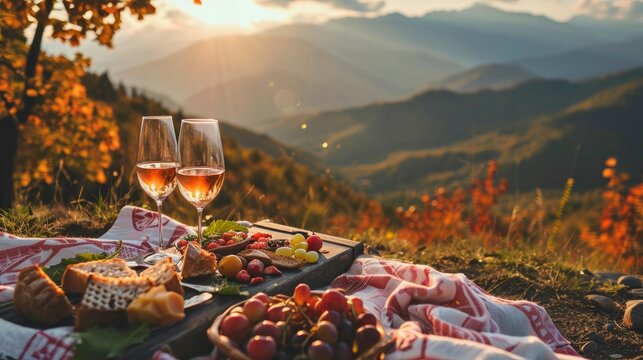 Picnic close up lovely photo with wine, two glasses and appetizers with mountain view, professional photo, sharp focus