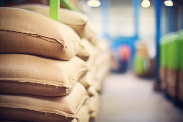 jute sacks stacked in food processing warehouse - obrazy, fototapety, plakaty