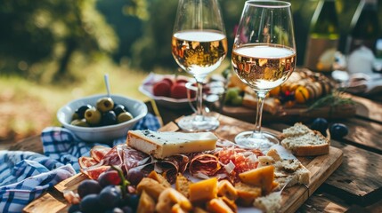 Romantic picnic close up photo with wine and appetizers in a beautiful place, professional photo,...