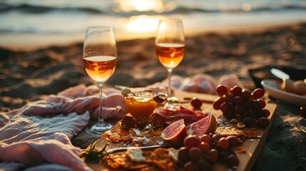 Romantic picnic close up photo with wine and appetizers on the calm ocean beach, professional photo, sharp focus