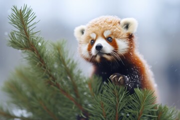 snow-covered red panda on pine