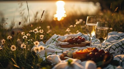 Romantic picnic in a beautiful place close up professional photo, sharp focus
