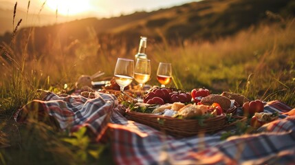 Romantic picnic in a beautiful place close up professional photo, sharp focus