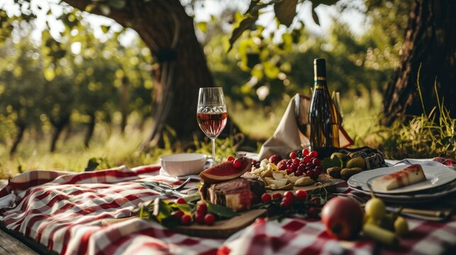 Romantic picnic in a beautiful place, food, wine, fruits, professional photo, sharp focus, lots of details