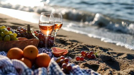 Romantic picnic on the ocean beach close up photo with wine and fruits, professional photo, sharp focus