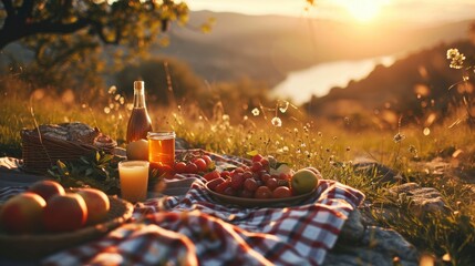Romantic picnic with a beautiful landscape view close up professional photo, sharp focus