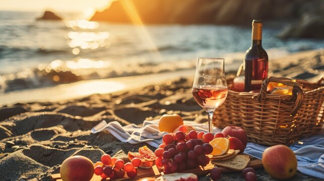 Romantic picnic on the ocean beach close up photo with wine and fruits, professional photo, sharp focus