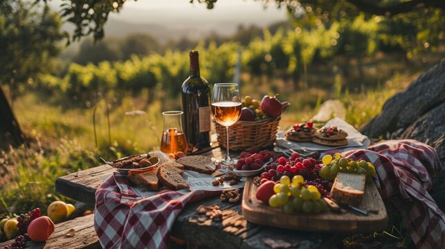 Romantic picnic with a beautiful view of nature, food, wine, fruits, professional photo, sharp focus, lots of details
