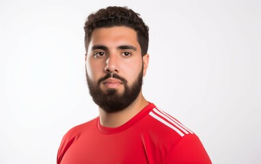 Fototapeta premium Portrait studio shot of a of male football soccer player wearing red jersey isolated on white background. closeup football player portrait against white background. copy space side. Generative AI