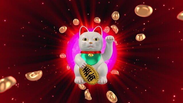 White lucky cat statue waving hand looping  3d animation rendering  .