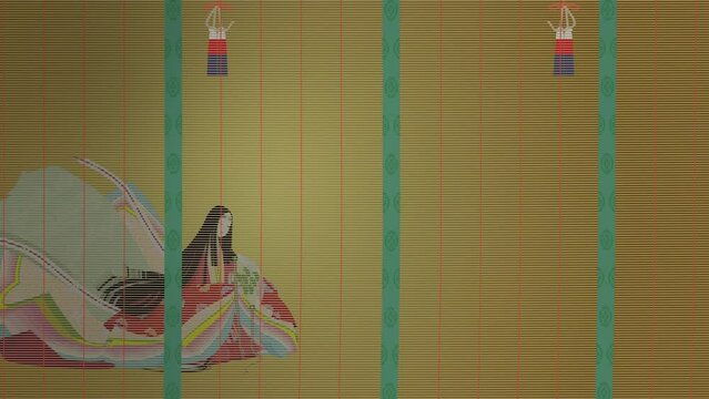 平安絵巻風の十二単衣を着た女性。御簾の陰にいる姫。イメージイラスト動画