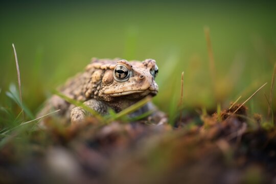 toad on a darkened patch of green grass