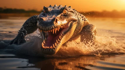 Selbstklebende Fototapeten Photo of a crocodile running along the seashore against the background of the sunset.  © Adam