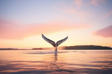whale tail flipping above water at sunset - obrazy, fototapety, plakaty