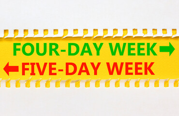5 or 4 day week symbol. Concept word Five-day week or Four-day week on beautiful yellow paper. Beautiful white paper background. Business and five or four day week concept. Copy space.