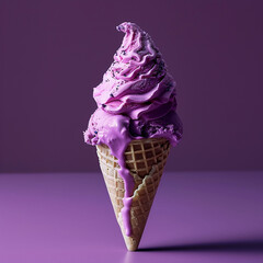 Purple ice Cream cone, on a purple background. Made with generative ai