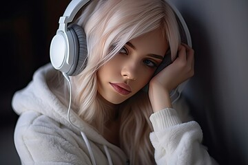 People. A beautiful young girl with blond hair listens to music with white headphones. Close-up. Portrait.
