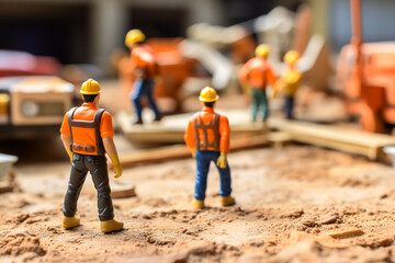 Back view of small construction worker figurines with safety helmets at construction site - obrazy, fototapety, plakaty