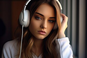 People. A beautiful cute young girl with beautiful eyes and brown hair listens to music on white headphones. Close-up.