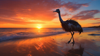 Photo of a ostrich running along the seashore against the background of the sunset.
 - obrazy, fototapety, plakaty