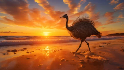 Tragetasche Photo of a ostrich running along the seashore against the background of the sunset.  © Adam