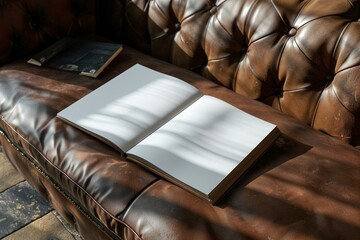 an open book sitting on top of a leather couch
