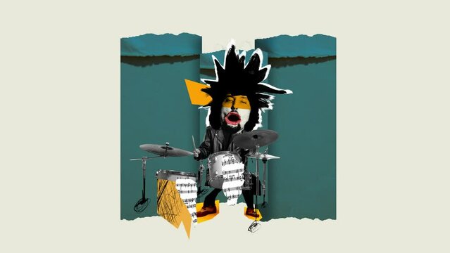 Punk, rock. Talented man playing drums over light background. Rock and roll. Stop motion, animation. Concept of music festival, show, talents, surrealism, creativity and inspiration